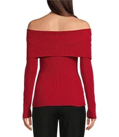 Alex Marie Whitney Ribbed Knit Folded Off-the-Shoulder Long Sleeve Sweater