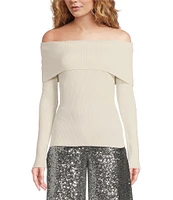 Alex Marie Whitney Ribbed Knit Folded Off-the-Shoulder Long Sleeve Sweater