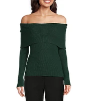 Alex Marie Whitney Ribbed Knit Folded Off-the-Shoulder Long Sleeve Sweater