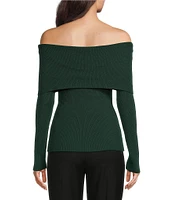 Alex Marie Whitney Ribbed Knit Folded Off-the-Shoulder Long Sleeve Sweater