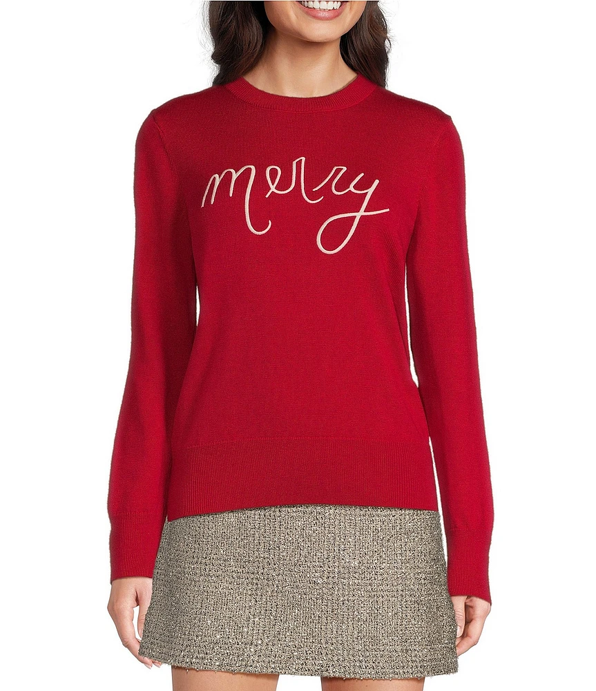 Alex Marie Wool Blend Knit Merry Script Crew Neck Long Sleeve Pullover Sweater