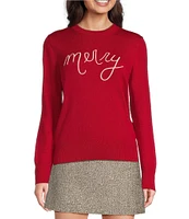 Alex Marie Wool Blend Knit Merry Script Crew Neck Long Sleeve Pullover Sweater