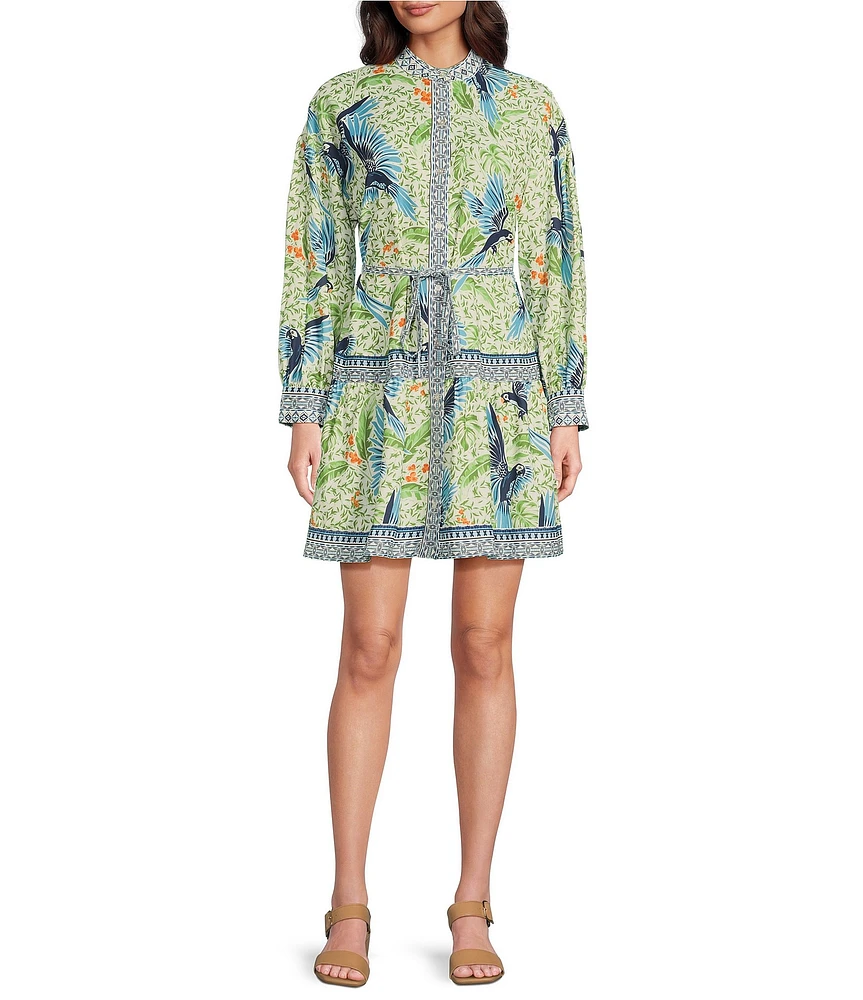 Alex Marie Wren Bird Print Long Sleeve Button Front Dress