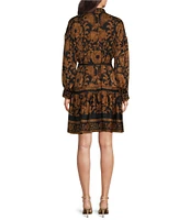 Alex Marie Wren Satin Crepe Brown Floral Banded Collar Long Sleeve Tie Waist A-Line Button Front Dress