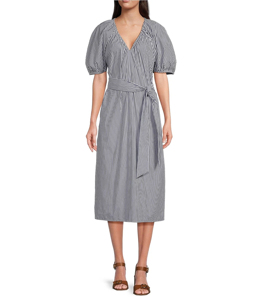 Alex Marie x Brrr° Everly Pin-Stripe V-Neck Puff Sleeve Midi Dress