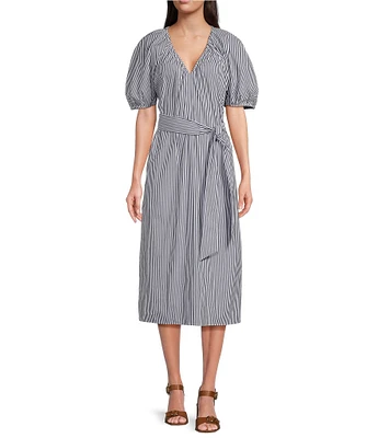 Alex Marie x Brrr° Everly Pin-Stripe V-Neck Puff Sleeve Midi Dress