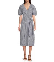 Alex Marie x Brrr° Everly Pin-Stripe V-Neck Puff Sleeve Midi Dress