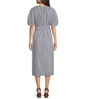 Alex Marie x Brrr° Everly Pin-Stripe V-Neck Puff Sleeve Midi Dress