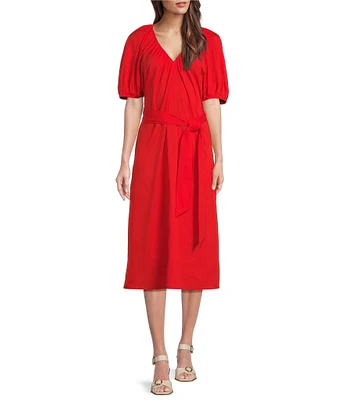 Alex Marie x Brrr° Everly V-Neck Puff Sleeve Midi Dress