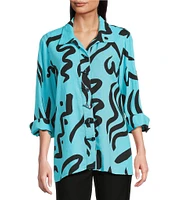 Ali Mile Doodle Line Print Linen Blend Point Collar 3/4 Sleeve Button Front Tunic