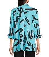 Ali Mile Doodle Line Print Linen Blend Point Collar 3/4 Sleeve Button Front Tunic