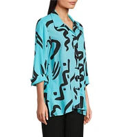 Ali Mile Doodle Line Print Linen Blend Point Collar 3/4 Sleeve Button Front Tunic