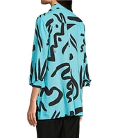 Ali Mile Doodle Line Print Linen Blend Point Collar 3/4 Sleeve Button Front Tunic