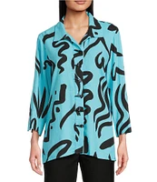 Ali Mile Doodle Line Print Linen Blend Point Collar 3/4 Sleeve Button Front Tunic