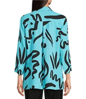 Ali Mile Doodle Line Print Linen Blend Point Collar 3/4 Sleeve Button Front Tunic