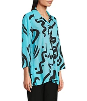 Ali Mile Doodle Line Print Linen Blend Point Collar 3/4 Sleeve Button Front Tunic