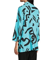 Ali Mile Doodle Line Print Linen Blend Point Collar 3/4 Sleeve Button Front Tunic