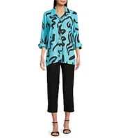 Ali Mile Doodle Line Print Linen Blend Point Collar 3/4 Sleeve Button Front Tunic