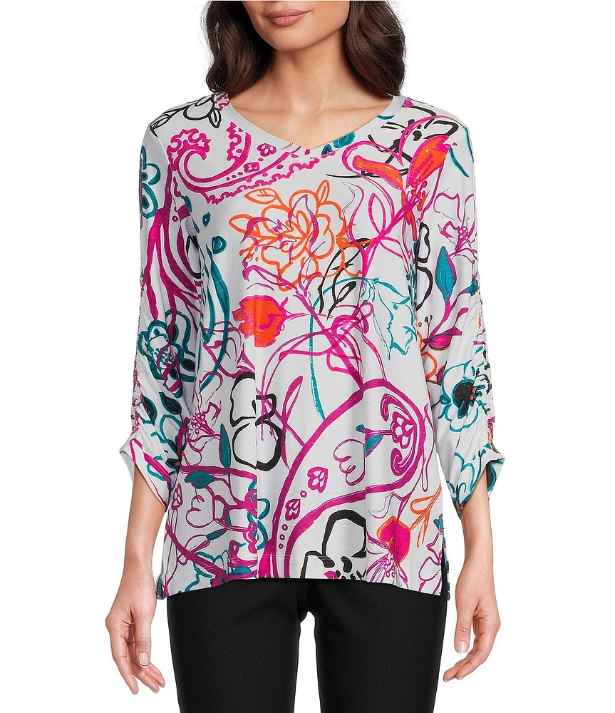 Ali Miles Abstract Floral V-Neck 3/4 Cinch Sleeve Tunic