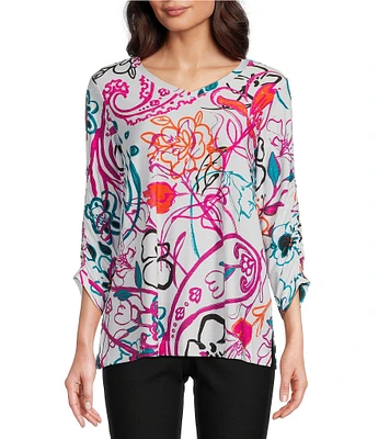 Ali Miles Abstract Floral V-Neck 3/4 Cinch Sleeve Tunic