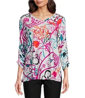 Ali Miles Abstract Floral V-Neck 3/4 Cinch Sleeve Tunic