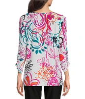 Ali Miles Abstract Floral V-Neck 3/4 Cinch Sleeve Tunic