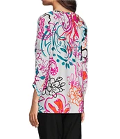 Ali Miles Abstract Floral V-Neck 3/4 Cinch Sleeve Tunic