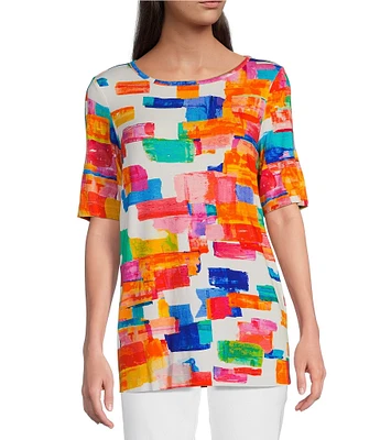 Ali Miles Abstract Print Gel Dot Round Neck 3/4 Sleeve Top