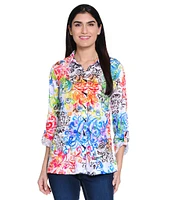 Ali Miles Abstract Print Point Collar 3/4 Roll Sleeve Button Front Tunic