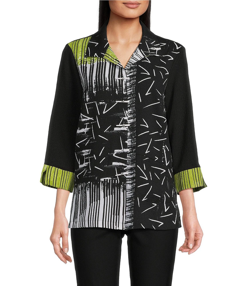 Ali Miles Abstract Print Point Collar 3/4 Sleeve Button-Front Tunic