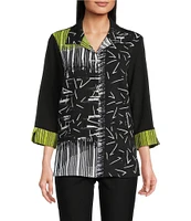 Ali Miles Abstract Print Point Collar 3/4 Sleeve Button-Front Tunic