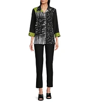 Ali Miles Abstract Print Point Collar 3/4 Sleeve Button-Front Tunic
