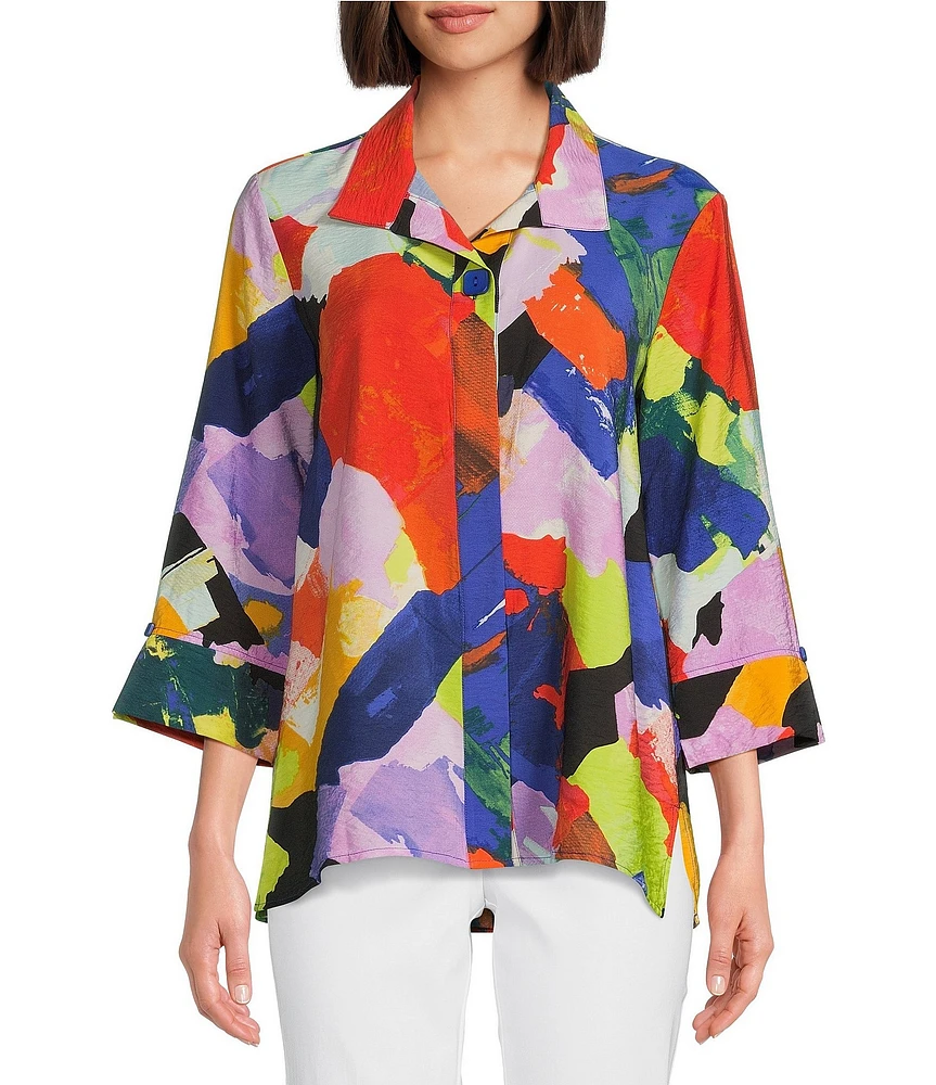 Ali Miles Abstract Point Collar 3/4 Sleeve Button Front Tunic