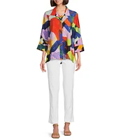 Ali Miles Abstract Point Collar 3/4 Sleeve Button Front Tunic