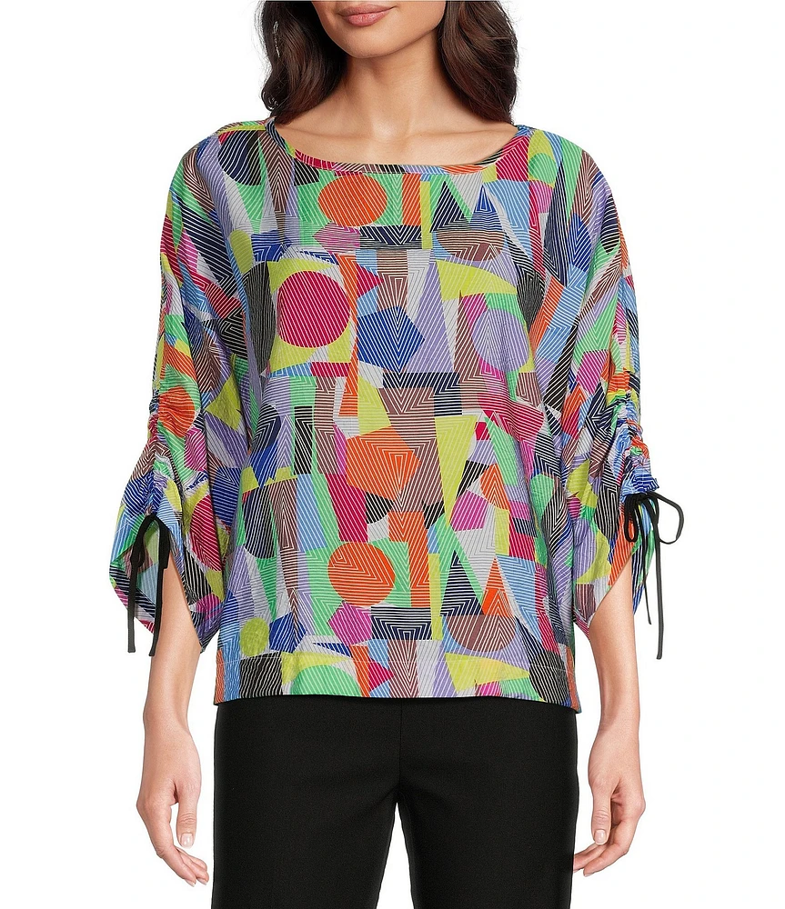 Ali Miles Abstract Print Round Neck 3/4 Dolman Cinch Tie Sleeve Tunic