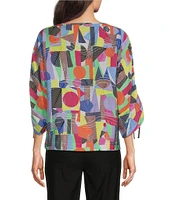 Ali Miles Abstract Print Round Neck 3/4 Dolman Cinch Tie Sleeve Tunic
