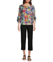 Ali Miles Abstract Print Round Neck 3/4 Dolman Cinch Tie Sleeve Tunic