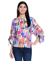 Ali Miles Abstract Print Round Neck 3/4 Dolman Cinch Tie Sleeve Tunic