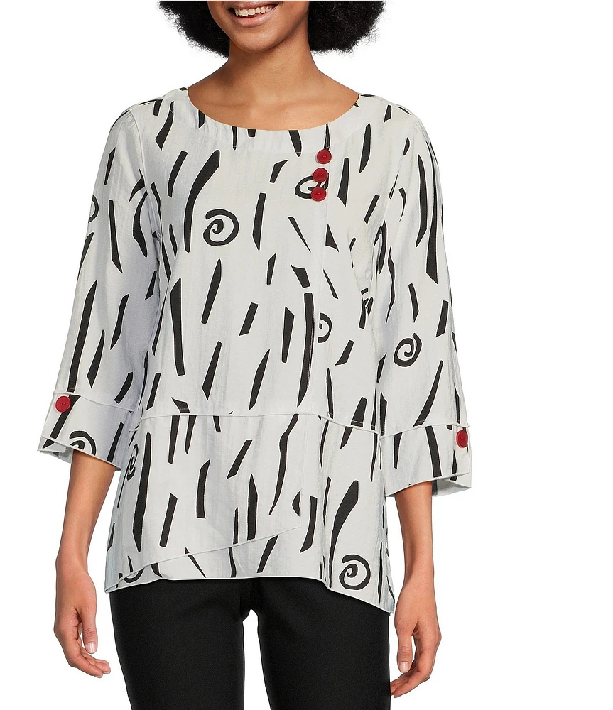 Ali Miles Abstract Print Round Neck 3/4 Sleeve Popover Tunic