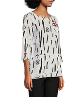 Ali Miles Abstract Print Round Neck 3/4 Sleeve Popover Tunic
