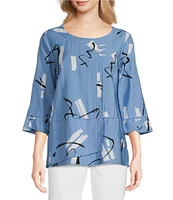 Ali Miles Abstract Print Round Neck 3/4 Sleeve Tunic