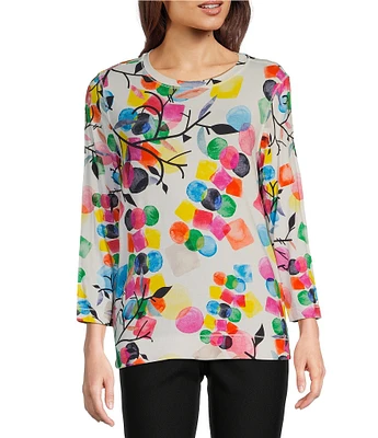 Ali Miles Abstract Print Round Neck 3/4 Sleeve Tunic