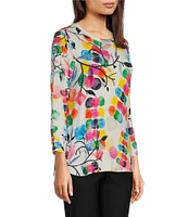 Ali Miles Abstract Print Round Neck 3/4 Sleeve Tunic