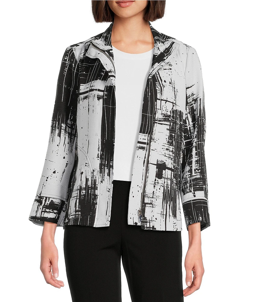 Ali Miles Abstract Print Soft Collar 3/4 Sleeve Zip-Up Jacket