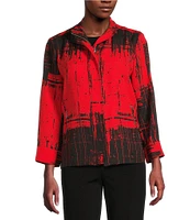 Ali Miles Abstract Print Soft Collar 3/4 Sleeve Zip-Up Jacket
