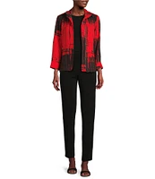 Ali Miles Abstract Print Soft Collar 3/4 Sleeve Zip-Up Jacket