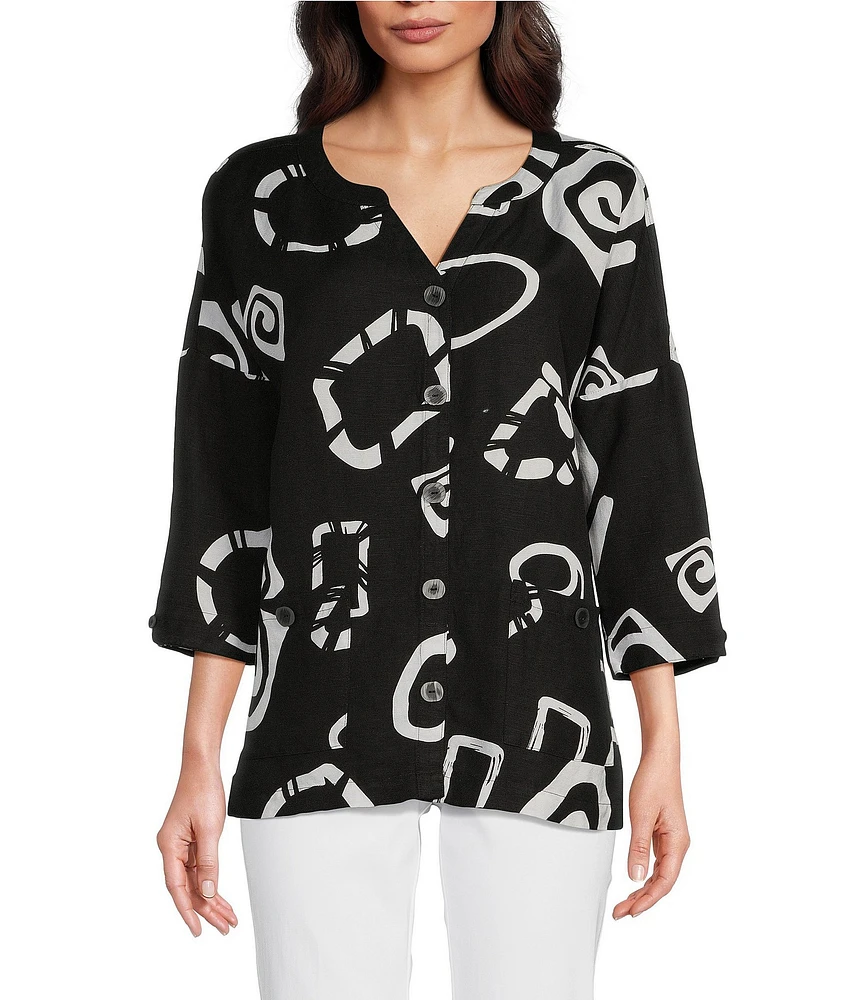 Ali Miles Abstract Print Y-Collar 3/4 Sleeve Button Front Tunic