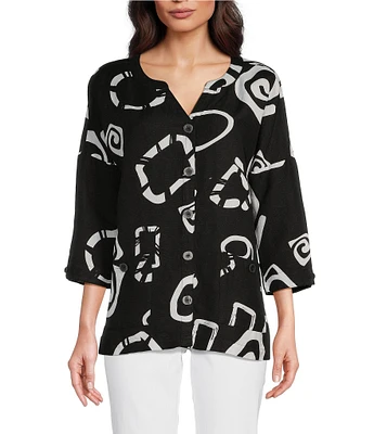 Ali Miles Abstract Print Y-Collar 3/4 Sleeve Button Front Tunic