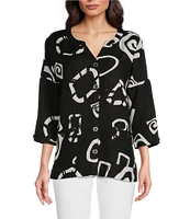 Ali Miles Abstract Print Y-Collar 3/4 Sleeve Button Front Tunic