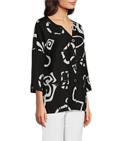 Ali Miles Abstract Print Y-Collar 3/4 Sleeve Button Front Tunic